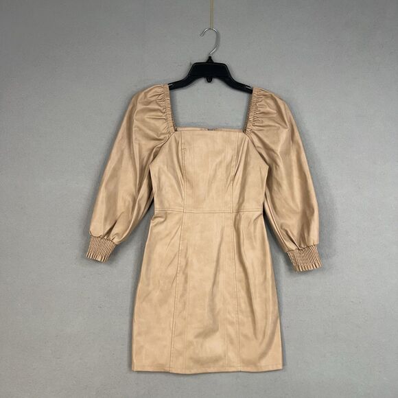 7 For All Mankind Dress Womens XS Tan Faux Leather Square Neck Puff Sleeve Mini - Picture 1 of 14